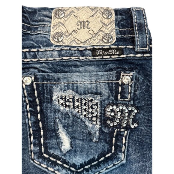 Miss Me Womens Signature-Rise Cuffed Skinny Distressed Jeans With Rhinestone Bac - Picture 3 of 7